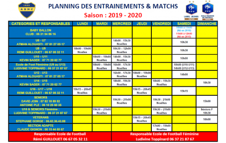 PLANNING HORAIRES DES ENTRAINEMENTS &amp; MATCHS 2019 - 2020 !